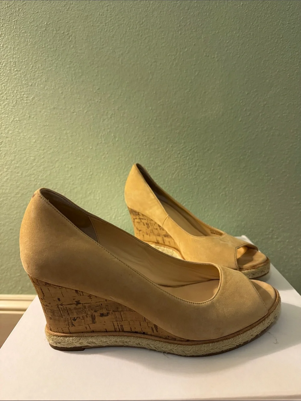 Cole Haan Tan Cork Peep-Toe Wedge Heels